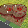 Garden Landscape With Red Circular Walkway And Wooden Platform Surrounded By Green Vegetation