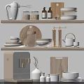 Stylish Kitchen Items On Shelf With Jars Bowls Containers Coffee Machine And Cutting Board