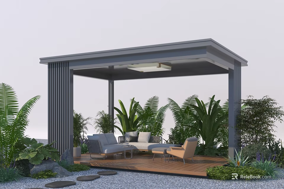 Stylish Pergola Structure With Outdoor Sofa Chairs Wooden Deck And Lush Foliage 3d model 