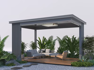 Stylish Pergola Structure With Outdoor Sofa Chairs Wooden Deck And Lush Foliage 3d model