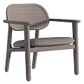 Natural Wooden Frame Single Chair With Wicker Backrest Armrests And Brown Leather Cushion