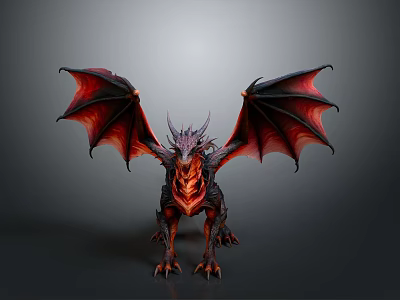 Mythical Dragon Character With Red And Black Wings Horned Head Scaled Body And Sharp Claws 3d model
