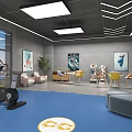 Modern Fitness Studio Interior With Comfortable Sofas Round Tables Plants And Bookshelves 3d model