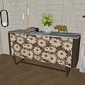 Wooden Console Table And Side Cabinet With Daisy Pattern Marble Countertop And Floral Decor 3d model