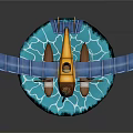 Blue Wing Yellow Body Water Passenger Plane With Floats On Blue Water Surface