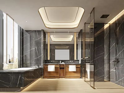 Modern Hotel Bathroom Interior With Marble Walls Bathtub Double Vanity And Glass Shower 3d model