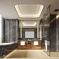 Modern Hotel Bathroom Interior With Marble Walls Bathtub Double Vanity And Glass Shower
