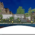 Modern Garden Landscape At Night Featuring Wooden Screen Mountain Pattern Green Plants And Lanterns
