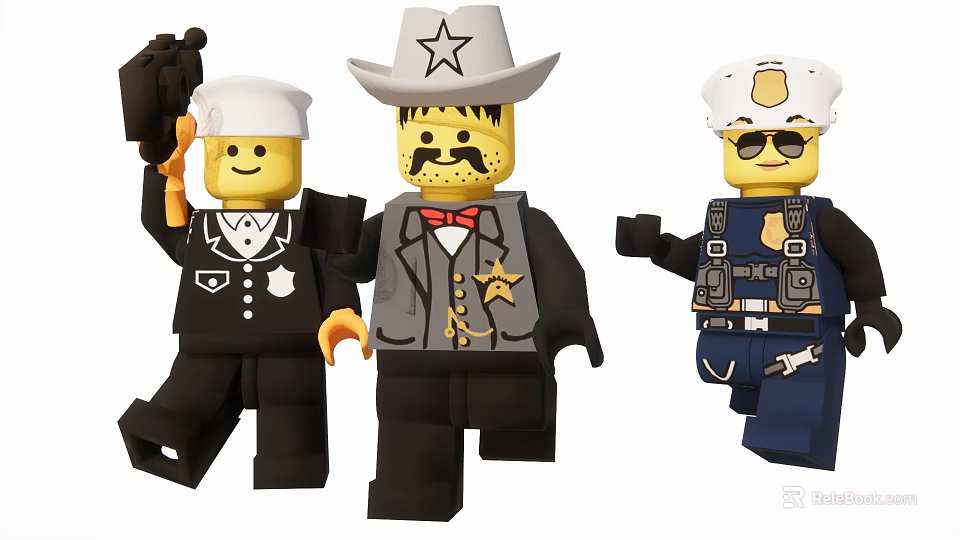 Lego Game and Movie Police Characters With Cowboy Hat Badge Police Cap Handcuffs Sunglasses and Radio 3d model 
