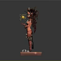 Elf Game Character 3D Model With Red Outfit Green Eyes Yellow Accessory On Pink Base