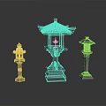 Traditional Architectural Stone Lanterns Three Different Sizes With Classic Roof Design For Garden Decor
