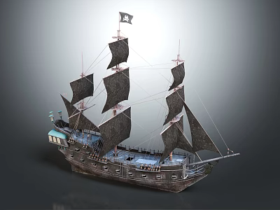 Pirate Sailing Ship With Black Sails Wooden Hull And Skull Flag 3d model