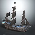Pirate Sailing Ship With Black Sails Wooden Hull And Skull Flag