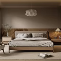 Modern Minimalist Bedroom Interior With Wooden Bed Frame Bedside Tables Rug And Pendant Light