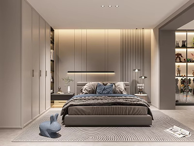 Modern Bedroom Interior Design With Bedside Lighting Built in Wardrobes and Patterned Rug 3d model