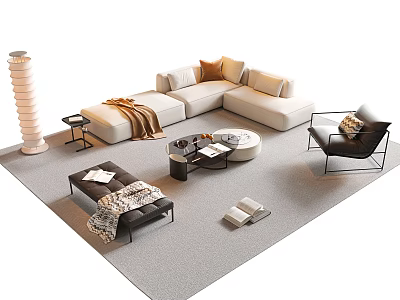 Modern L Shaped Light Beige Sofa And Coffee Table Set With Accent Chair And Rug 3d model