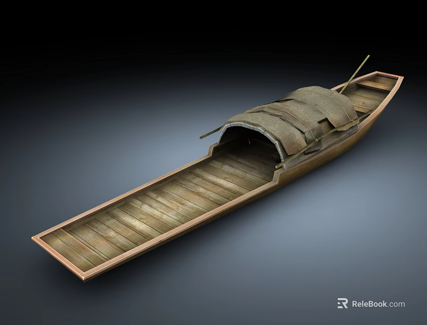 Traditional Long Wooden Boat With Canvas Canopy And Wooden Deck Planks Structure Design 3d model 