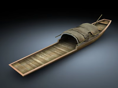 Traditional Long Wooden Boat With Canvas Canopy And Wooden Deck Planks Structure Design 3d model