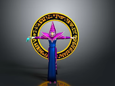 Man with Pointed Hat and Robe Standing by Yellow Circular Magic Circle with Symbols 3d model