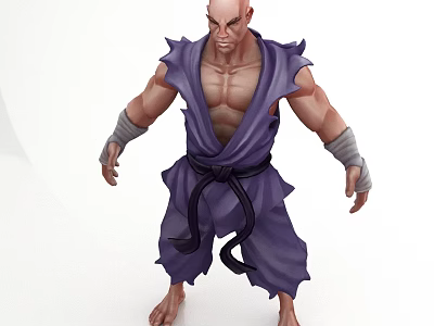 Bald Muscular Character Wearing Purple Kimono Style Outfit With Wrist Wraps And Barefoot 3d model