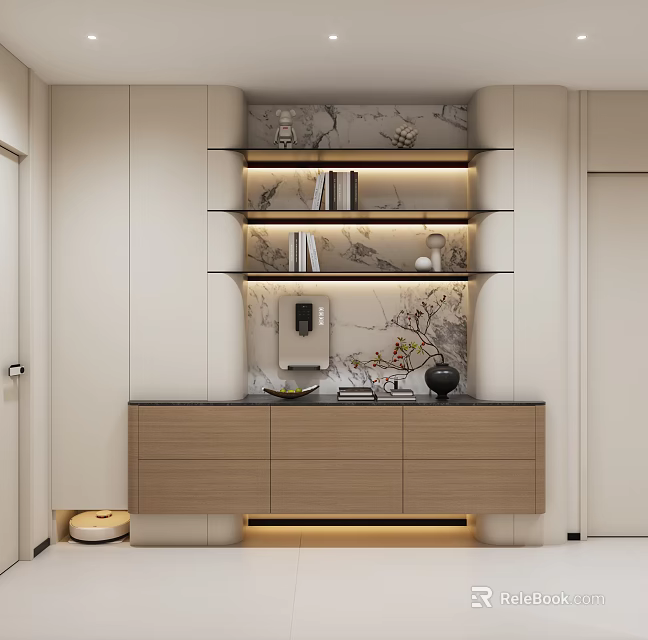Modern Interior Display Cabinet With Open Wooden Shelves Marble Backdrop Built-in Lighting And Decorative Items 3d model 