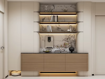 Modern Interior Display Cabinet With Open Wooden Shelves Marble Backdrop Built-in Lighting And Decorative Items 3d model