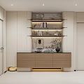 Modern Interior Display Cabinet With Open Wooden Shelves Marble Backdrop Built-in Lighting And Decorative Items