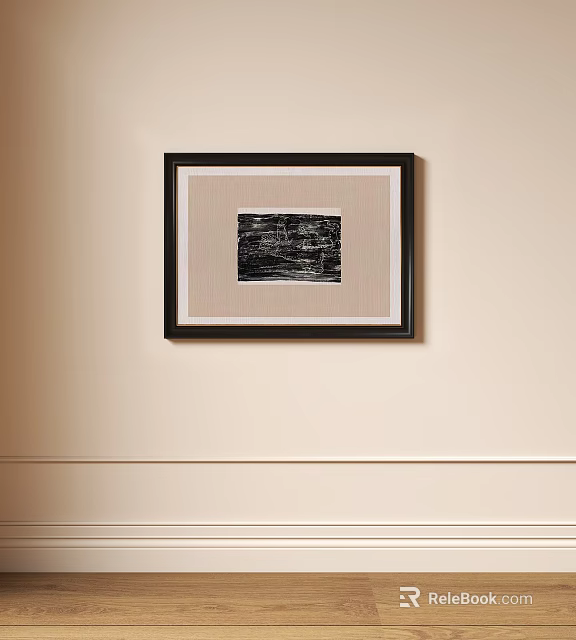 Abstract Painting Black Framed With Beige Mat On Neutral Wall Artwork 3d model 