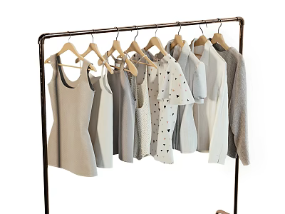 Light Colored Clothes Hanging on Metal Rack with Tank Tops Dresses and T-shirts 3d model