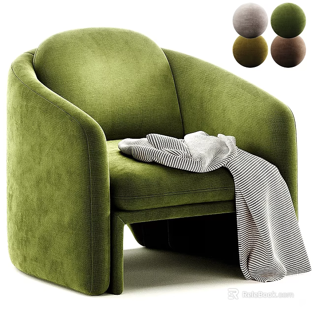 Green Velvet Single Seater Sofa With Striped Blanket And Color Options 3d model 