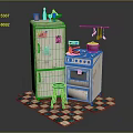 3D Computer Model Of Kitchen Scene With Old Refrigerator Stove Blue Stool Checkered Tiles