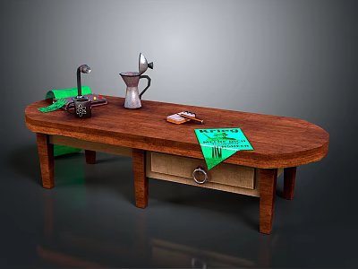 Oval Wooden Kitchen Table With Silver Kettle Green Tags And Drawer 3d model