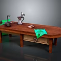 Oval Wooden Kitchen Table With Silver Kettle Green Tags And Drawer