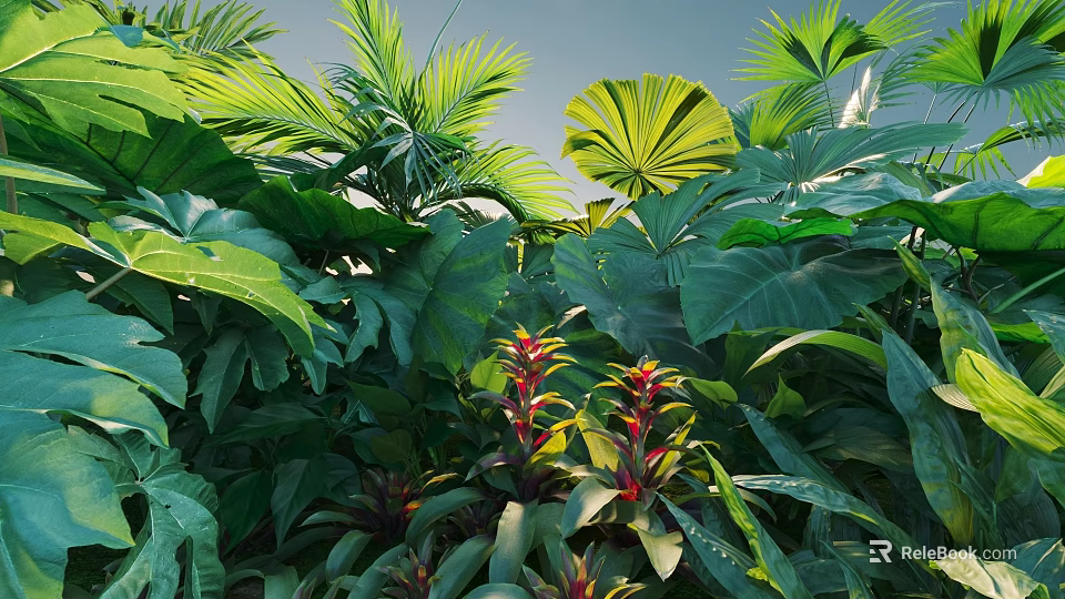 Lush Green Shrub With Tropical Leaves And Various Plants In Natural Setting 3d model 