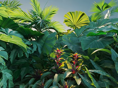 Lush Green Shrub With Tropical Leaves And Various Plants In Natural Setting 3d model