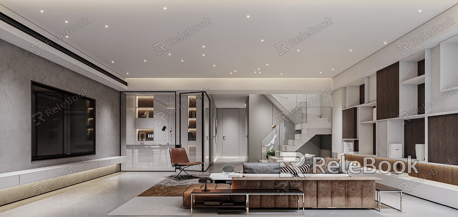 Modern Basement Villa Basement Living Room Sofa Coffee Table Leisure Chair Combination Living Room Sofa Fireplace Bookcase Background Wall Living Room Decoration Jewelry Patio Green Planting Floor model