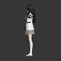Anime Character With Black Hair White Sweater Pink Bow Plaid Skirt White Stockings Arms Outstretched