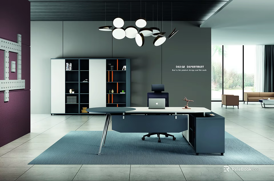Modern Office Interior Design With Bookshelves Desk Laptop Chair Pendant Lights Rug 3d model 