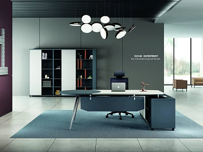 Modern Office Interior Design With Bookshelves Desk Laptop Chair Pendant Lights Rug 3d model
