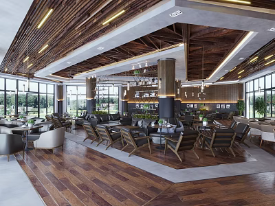 Modern Café Interior Design With Large Windows Wooden Ceiling And Cozy Seating Area 3d model