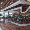 Modern Café Interior Design With Large Windows Wooden Ceiling And Cozy Seating Area