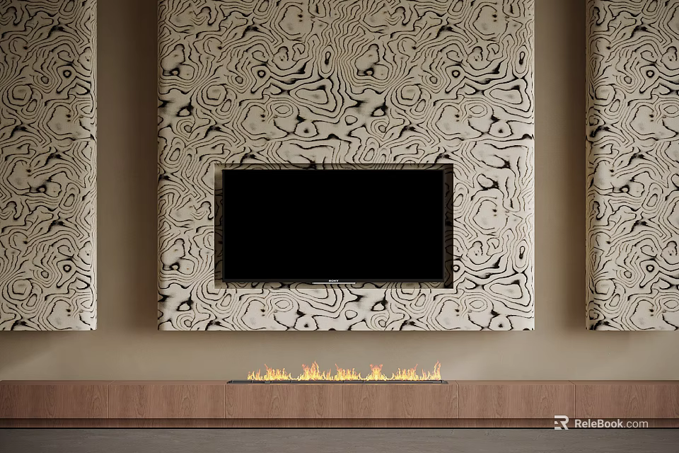 Modern TV Background Wall With Abstract Pattern And Built-in Fireplace Design 3d model