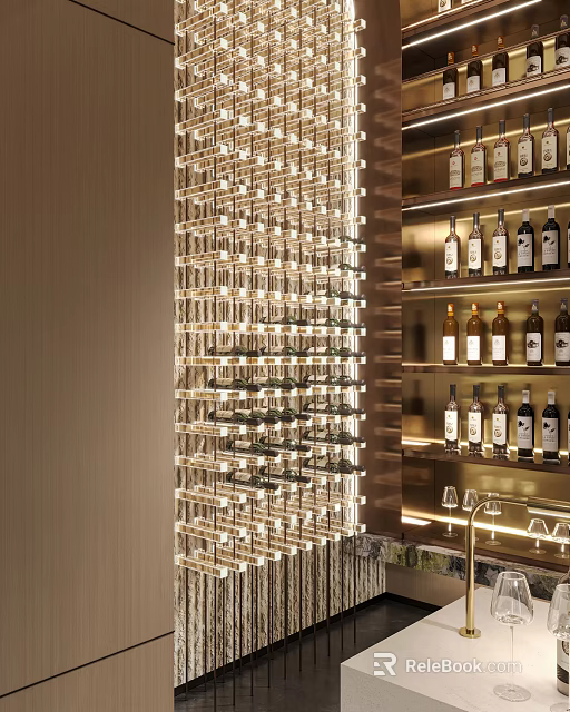 Stylish Bar Counter Interior With Illuminated Wine Rack And Neatly Arranged Bottles 3d model 