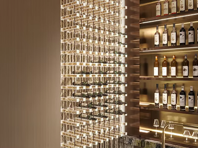 Stylish Bar Counter Interior With Illuminated Wine Rack And Neatly Arranged Bottles 3d model