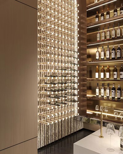 Stylish Bar Counter Interior With Illuminated Wine Rack And Neatly Arranged Bottles 3d model