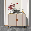 Modern Entryway Cabinet And Side Cabinet Design With Decorative Vase Red Leaf Plant And Mirror