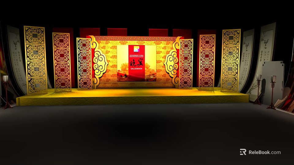 Traditional Chinese Stage Design With Red Gold Decor And Carved Screens 3d model 