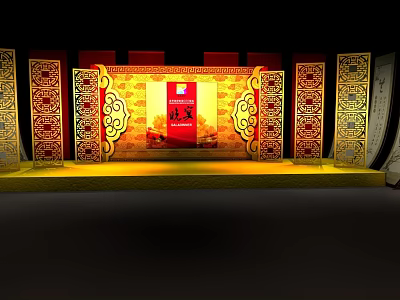 Traditional Chinese Stage Design With Red Gold Decor And Carved Screens 3d model