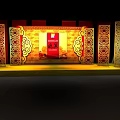 Traditional Chinese Stage Design With Red Gold Decor And Carved Screens