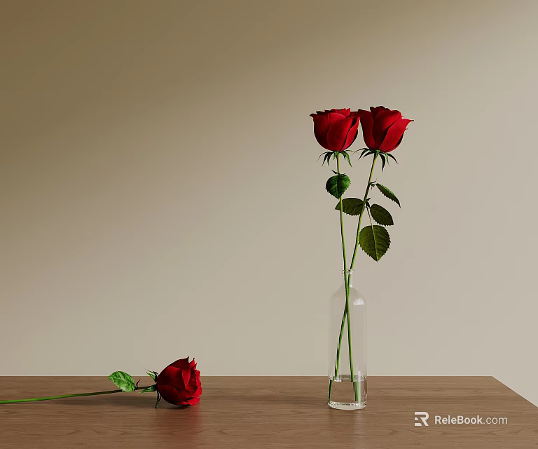 Red Roses In Transparent Glass Vase With Fallen Rose On Wooden Table 3d model 